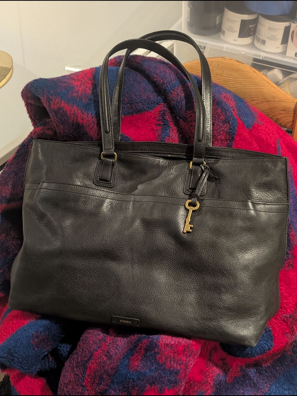 Fossil Black Leather Tote Bag with Key Charm